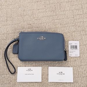Coach Dusk Blue Pebble Leather Double Zip Wristlet